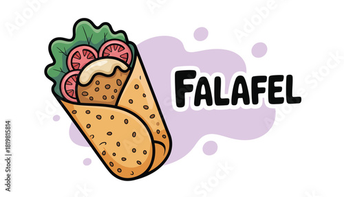 Delicious falafel wrap with fresh vegetables and sauce illustration design art 100c