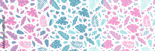 Seamless tropical pattern set featuring vibrant flowers and lush jungle leaves. Abstract floral vector design with exotic plants, ideal for summer textiles and modern wallpaper prints. Pink and blue 