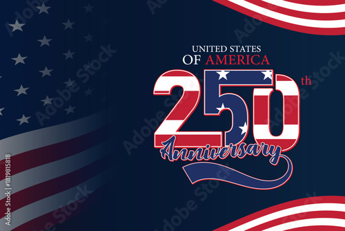 United States 250th Anniversary Flag Shape Banner. Dark Blue Red White Patriotic Gradient Background