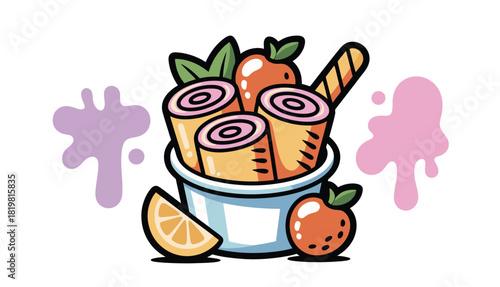 Cartoon illustration of rolled ice cream with fruits and splashes around it all 100 chars