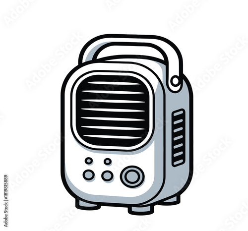 Cartoon illustration of a portable air conditioner with a handle and buttons on the front