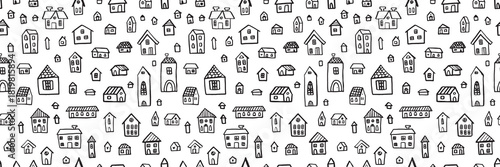 Seamless pattern with hand-drawn houses in simple black line art. Playful doodle village design on a white background. Perfect for wallpapers, kids projects, wrapping paper, cute decorative prints.