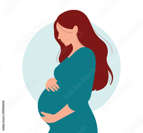 Illustration of a pregnant woman with long hair in a blue dress standing sideways