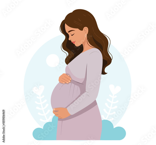 Pregnant woman holding her belly with love and care in a dreamy background