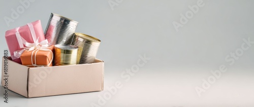 box with canned goods and gifts orange background