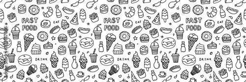 Seamless fast food doodle background with hamburgers, sandwiches and snacks. Vector pattern perfect for restaurant menus, delivery services and food packaging. Black and white illustration