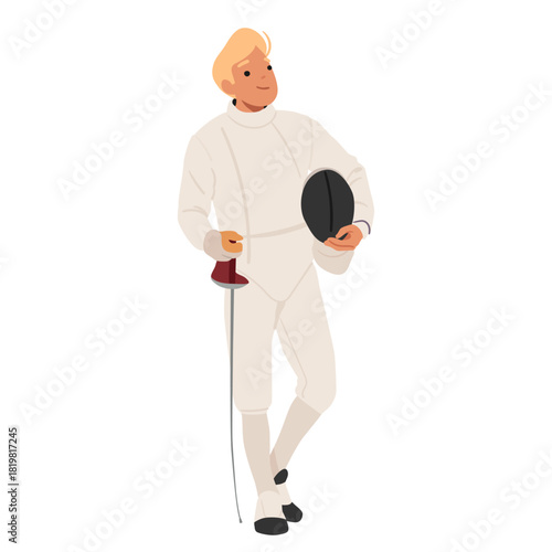 Confident male fencer cartoon character wearing uniform holding epee standing isolated on white