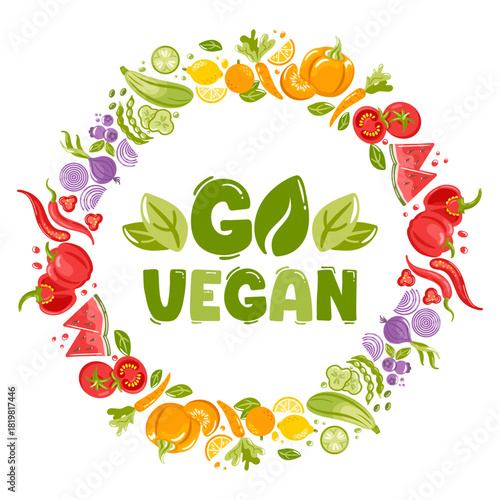 Round frame of vegetables and fruits a bright vector illustration featuring a circular border composed of diverse vegetables and fruits, vivid colors, clean lines, and balanced composition for eye