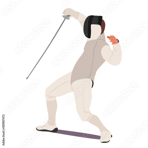 Fencer cartoon character fully geared doing defense gesture with epee isolated on white background