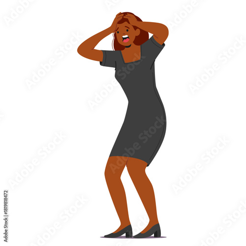 Crazy mad and stressed woman character screaming in panic holding head with hands isolated on white