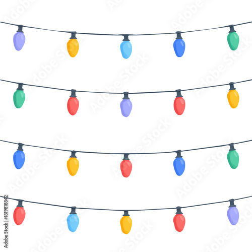 Attractive Minimalist illustration, A clipart flat 2D icon, simple illustration with EPS format design of a colorful bulb garland isolated on white and transparent background