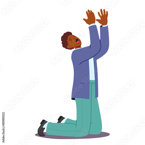 Man cartoon character crying and screaming loudly kneeling and raising hands up isolated on white