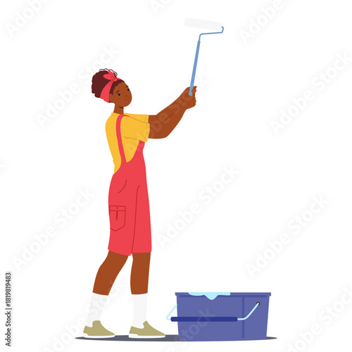 Woman decorator cartoon character painting walls with paint roller brush isolated on white
