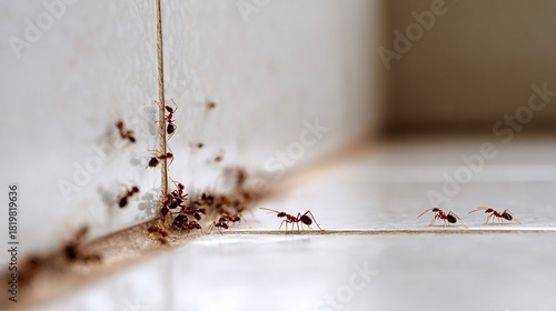 Ant infestation forming a trail on kitchen floor tiles
