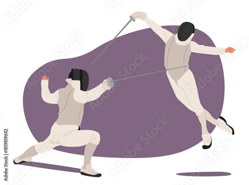 Pair of fencers in full uniform engaged in competitive action demonstrating strength and athleticism