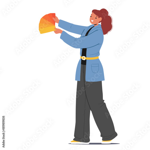 Woman decorator isolated cartoon character offering trendy color palette for room design makeover