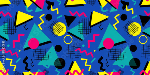 Seamless pattern. Abstract Memphis-style pattern with colorful geometric shapes like triangles, circles, squiggles, and grids on a vibrant blue background, representing retro pop art
