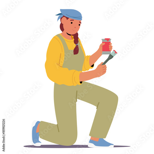 Woman artist cartoon character painting with brush engaged in home or office design renovation