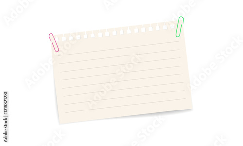 Vector illustration of white paper sheet with 3D paper clip. Realistic blank note for message, reminder, or corporate stationery design.