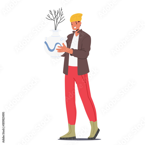 Designer cartoon character carrying decorative ceramic vase for interior refreshing and remodeling