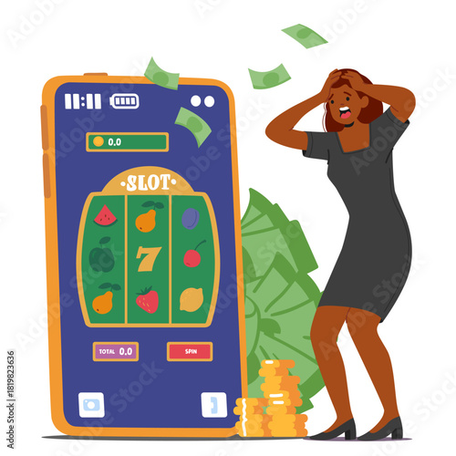 Shocked furious woman cartoon character screaming in anguish after gambling losses in slot machine