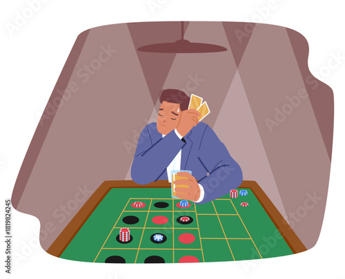 Unfortunate man gambler character sitting alone at poker table conveying despair, loss and anxiety