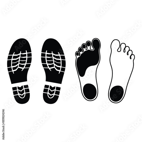 Footprints and human feet imprints black and white illustration