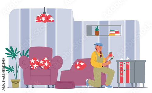 Woman decorator working on aesthetic room renovation coloring furniture with paints cartoon scene
