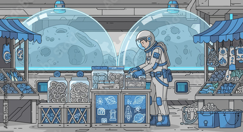 Astronaut buying food in a space market with lunar backdrop illustration