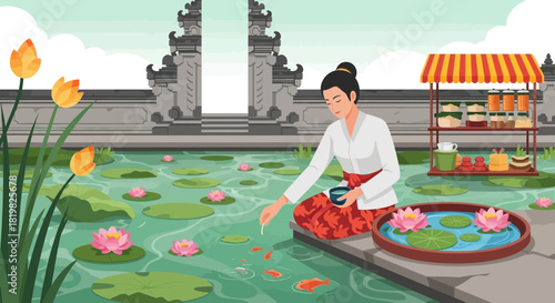 Balinese woman feeding koi fish at a tranquil pond within a temple complex