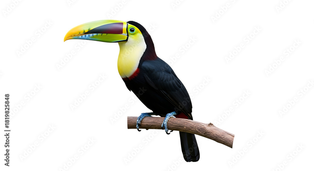 Naklejka premium Toucan, perched on a branch with vibrant beak and colorful plumage, isolated on a white or transparent background, cutout, PNG