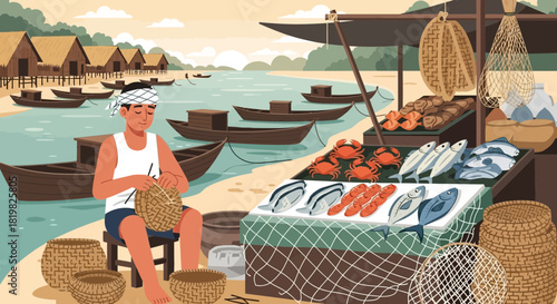 Coastal livelihood: fisherman weaving baskets and selling seafood near the huts