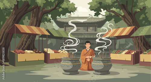 Serenity emanates from an Asian market with a monk lighting incense sticks