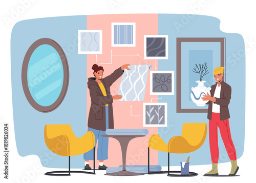 Decorator and designer working on room design choosing wallpaper and decoration to create interior