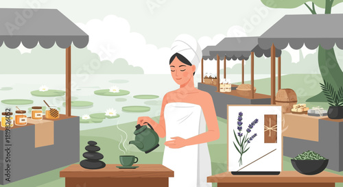 Serene Spa Day: A Woman's Relaxing Tea Ritual Amidst Natural Tranquility