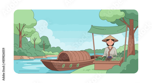 Riverside trading post showcasing oriental merchant with conical hat cartoon