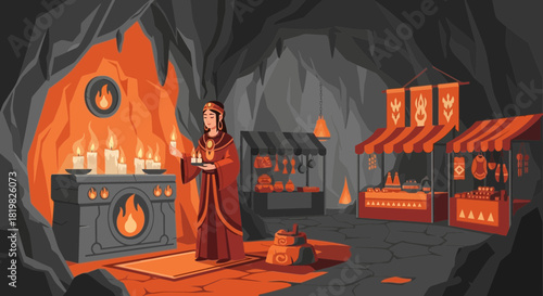 Ancient cave market lit by fire with a priestess during a night ritual
