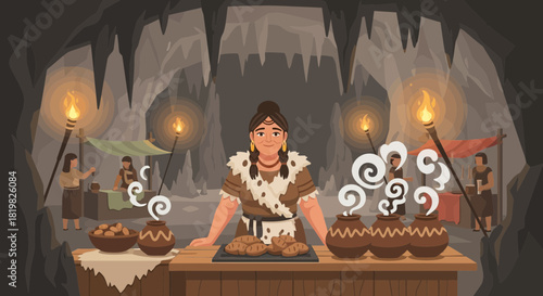Prehistoric Market Scene: Woman selling food inside cave with torches and smoke