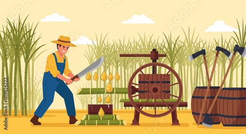 Visual representation of traditional sugarcane harvesting and juice extraction method