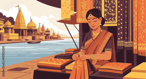 Indian vendor preparing sarees at riverside market with cityscape backdrop