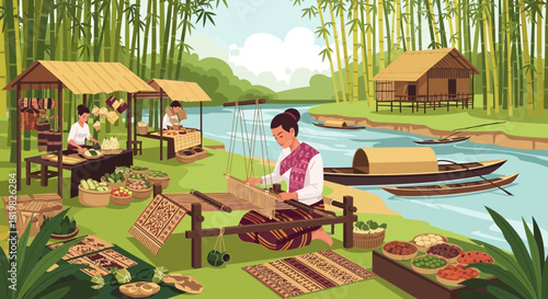 Illustrative riverside village scene showcasing local craft and rural life activities