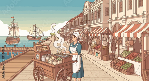 Vintage seaside market scene with vendor, ships, and bustling harbor views