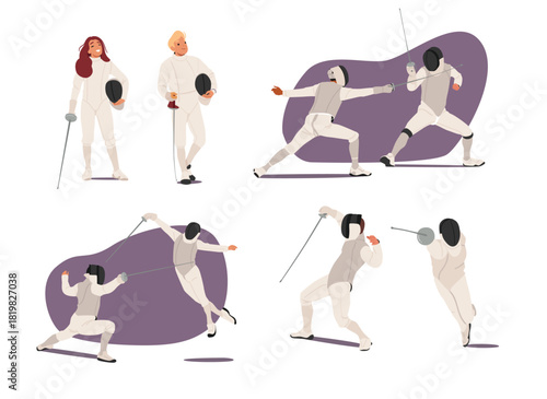 Professional fencing female and male athletes wearing uniform in dynamic poses isolated set