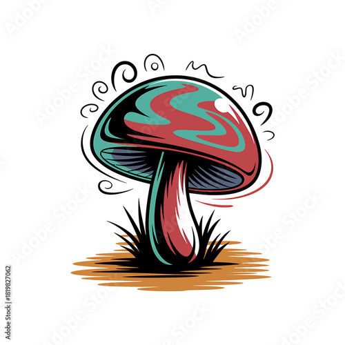 Psychedelic Mushroom Art Illustration of a Colorful Toadstool Growing in the Forest Ground