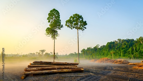 Deforestation landscape with cut trees and logs amidst green forest in morning light