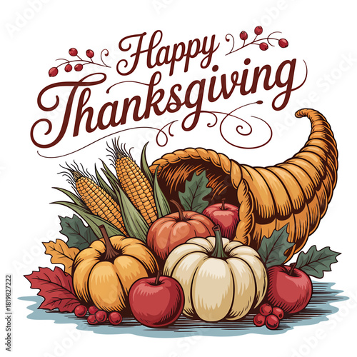 Happy Thanksgiving festive illustration with cornucopia pumpkins apples and corn on a white background in a vector style