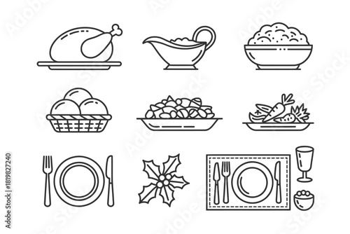 Festive Thanksgiving Dinner Icons Set in Elegant Line Art for Holiday Celebrations and Family Gatherings
