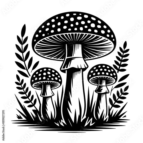 Amanita Mushroom Illustration with Spots Surrounded by Grass and Ferns in Black and White for Halloween and Nature Lovers