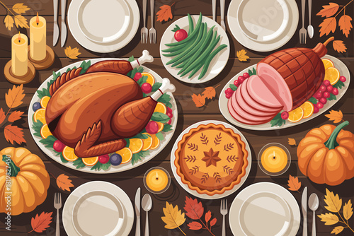 Festive Thanksgiving Dinner Table with Turkey Ham Pumpkin Pie and Autumn Decor Creating a Warm and Inviting Holiday Scene