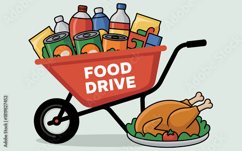 Charitable Food Drive with Wheelbarrow Full of Groceries and Festive Turkey Illustration